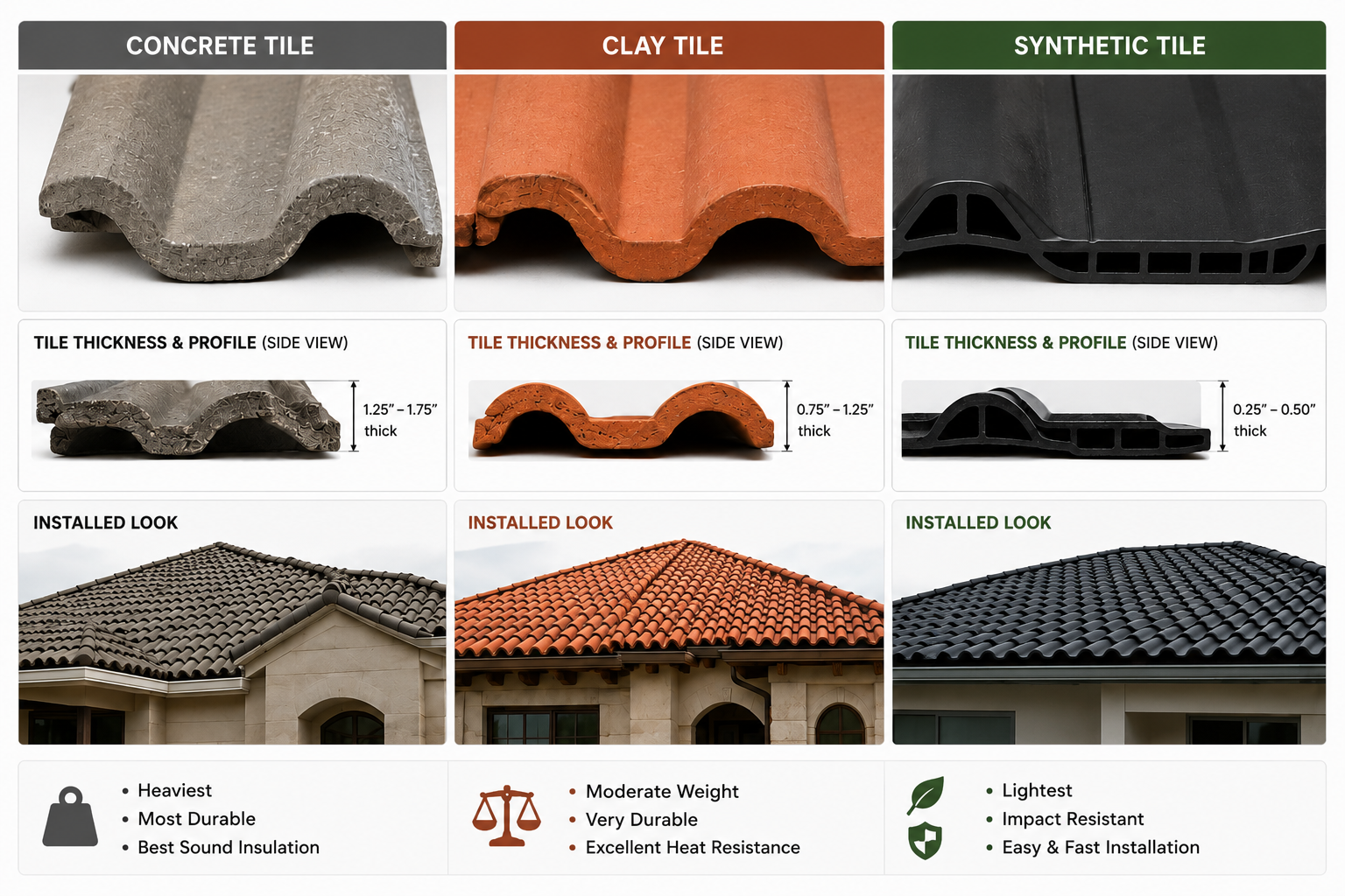 Tile roof cross-section comparison: concrete, clay, and synthetic tile