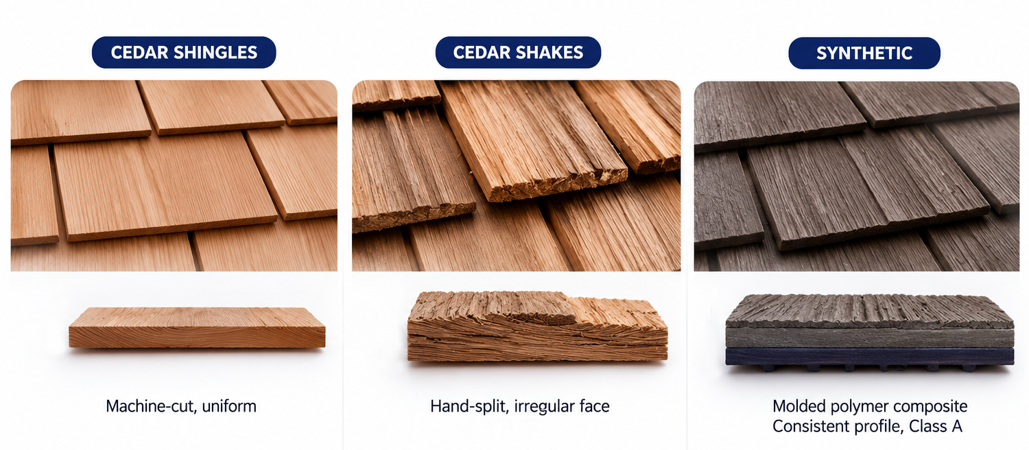 Cedar profile comparison: cedar shingles, cedar shakes, and synthetic cedar shake