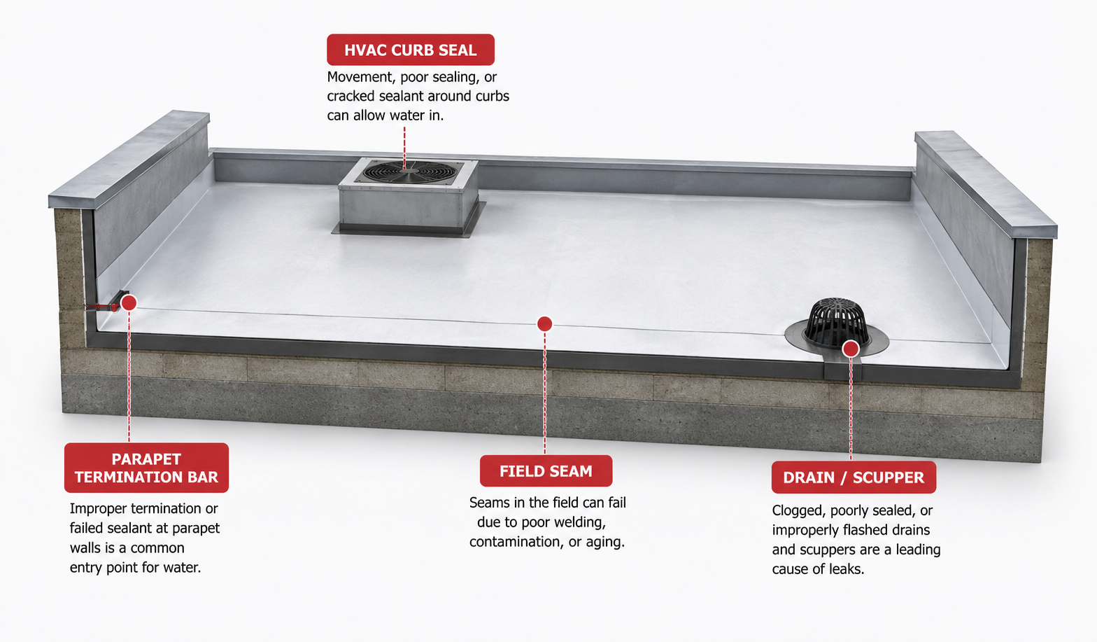 Common leak points on a flat roof: HVAC curb seal, parapet termination bar, field seam, drain/scupper