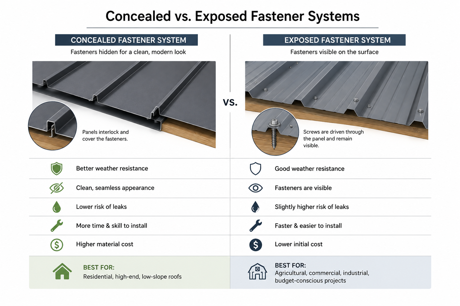 Concealed vs. exposed fastener systems: standing seam vs. corrugated metal roofing