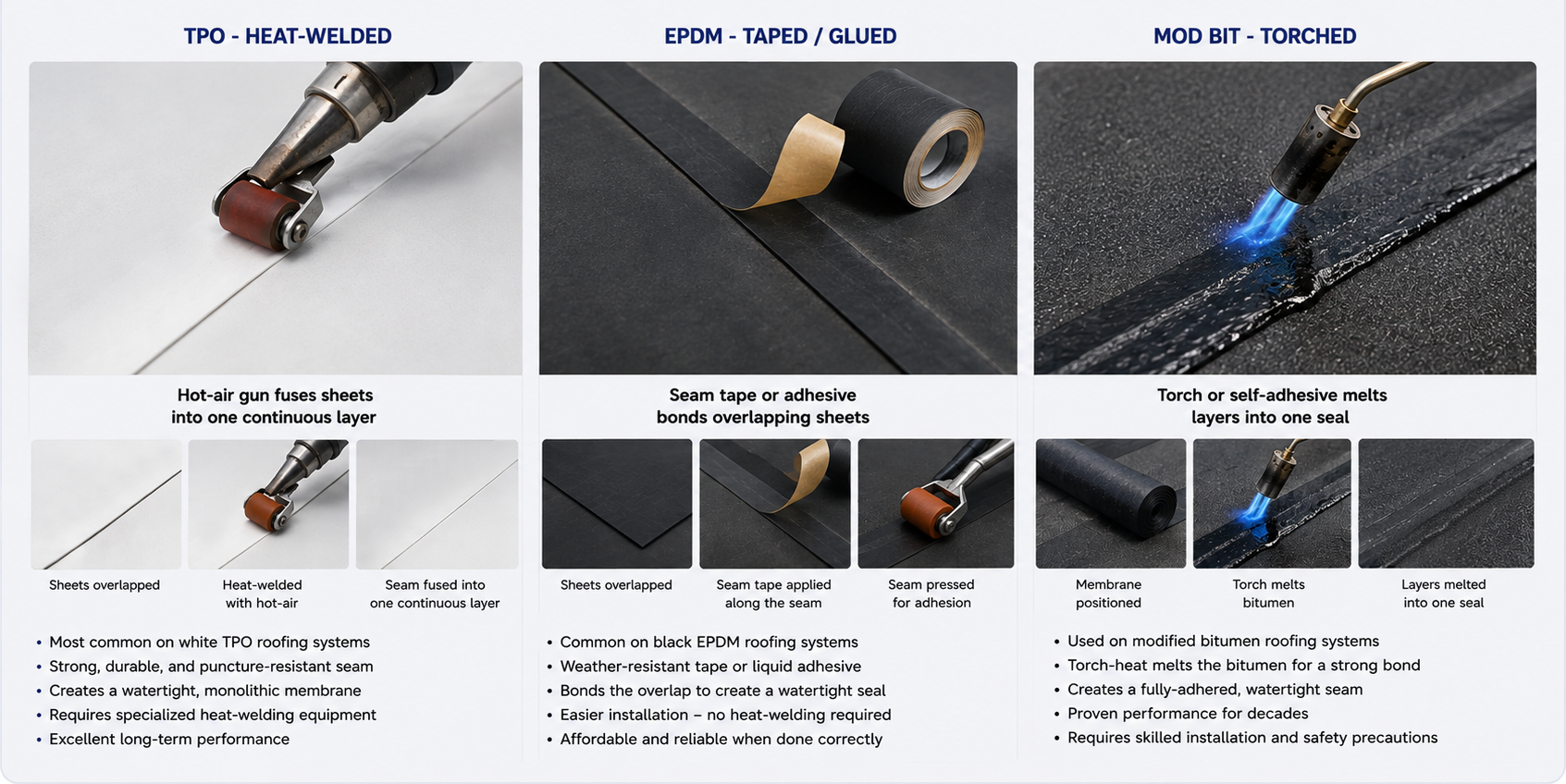 How each flat roof membrane is sealed at the seams: TPO, EPDM, Modified Bitumen