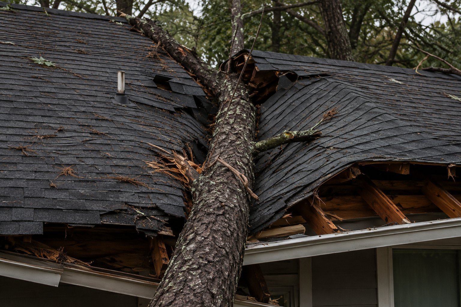 Fallen tree damage on a house roof