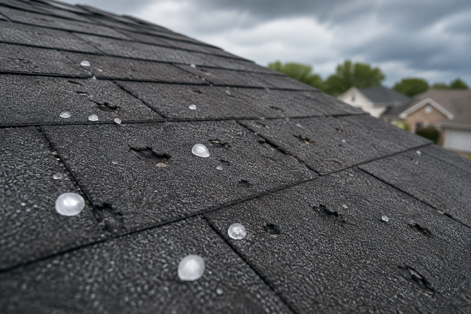 Hail damage on asphalt shingles